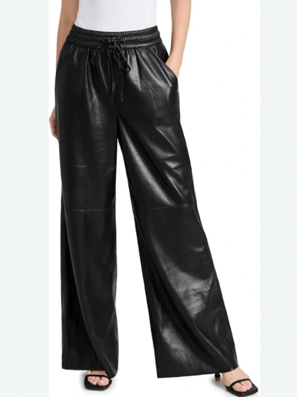 Good American Faux Leather Wide Leg Pants Black Pockets Size 0 XS NEW $150